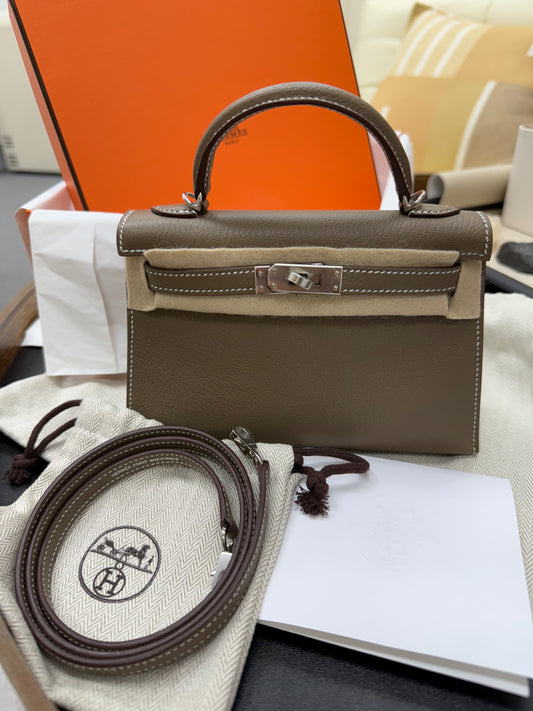 Hermes Mini Kelly 2 Etoupe / white PHW Chèvre Stamp W Brand new